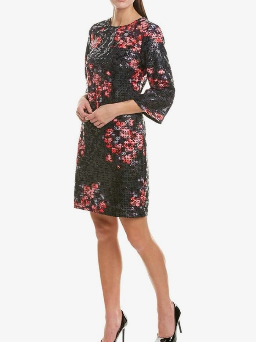 Trina Turk Black Sequin Dress with Red Floral Accents, sz12, NWT